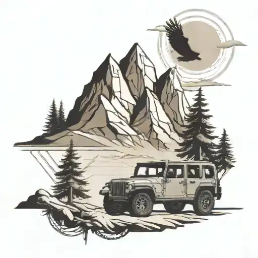 mountain scene with a jeep driving and soaring eagle tattoo design idea