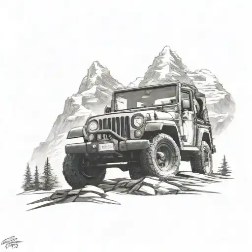 mountain scene with a jeep driving with eagle soaring tattoo design idea