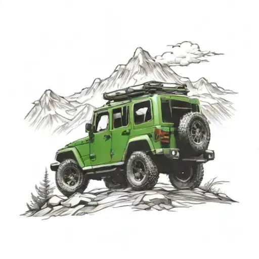 mountain scene with a jeep driving tattoo design idea