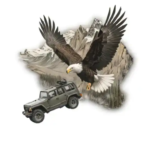mountain scene eagle flying and jeep driving in the foreground tattoo design idea