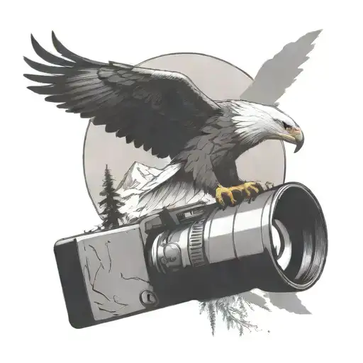 simple camera surrounded by mountain landscape featuring a soaring eagle tattoo design idea