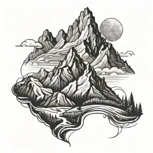 A tattoo design of a majestic mountain range with a winding road, symbolizing the love for motorcycling and hiking tattoo design idea