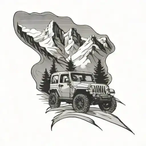 mountain scene with jeep wrangler driving in the foreground tattoo design idea