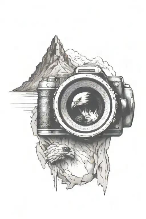 camera lens with mountain scene with eagle soaring inside tattoo design idea