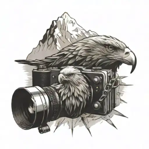 camera surrounded by mountain landscape featuring a soaring eagle tattoo design idea