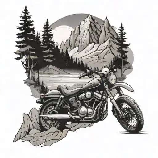 mountain adventure theme with motorcycle  tattoo design idea