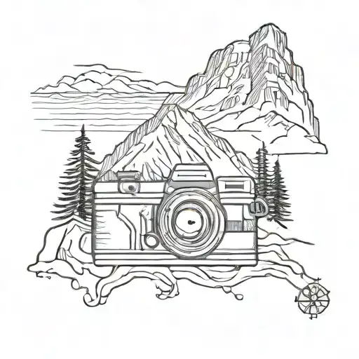 camera with mountain scene above and river below  tattoo design idea