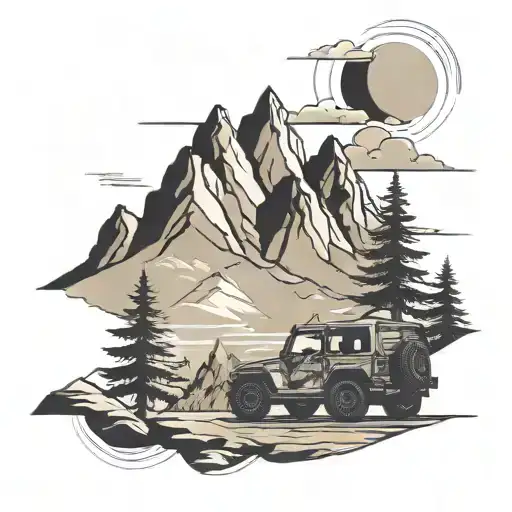mountain scene with a jeep driving tattoo design idea
