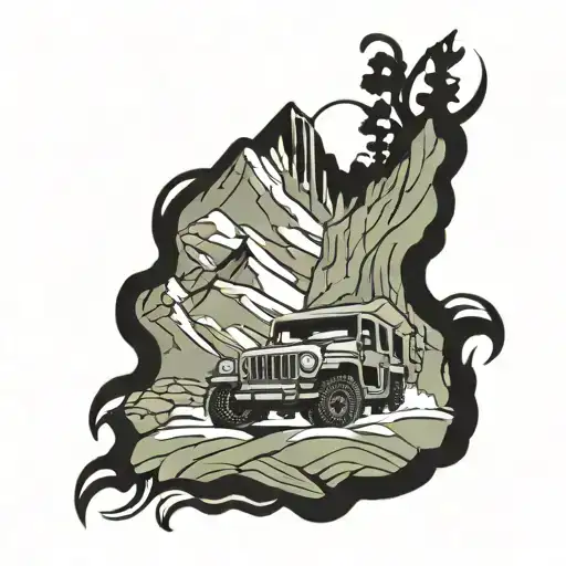 mountain scene with a jeep driving tattoo design idea