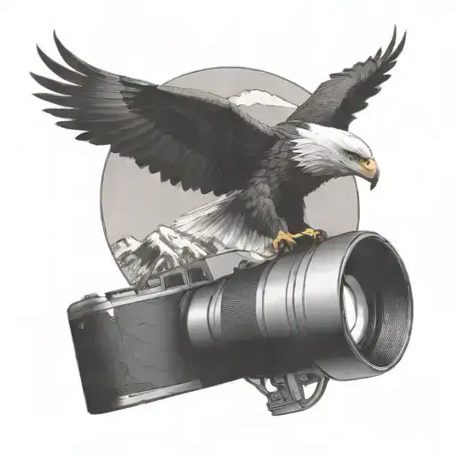 simple camera surrounded by mountain landscape featuring a soaring eagle tattoo design idea