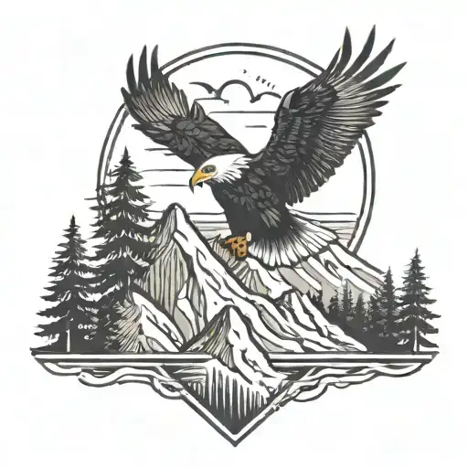 mountain and pine trees adventure theme with small eagle soaring tattoo design idea
