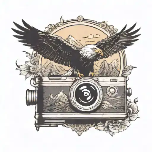 vintage camera with mountains and a soaring bald eagle tattoo design idea