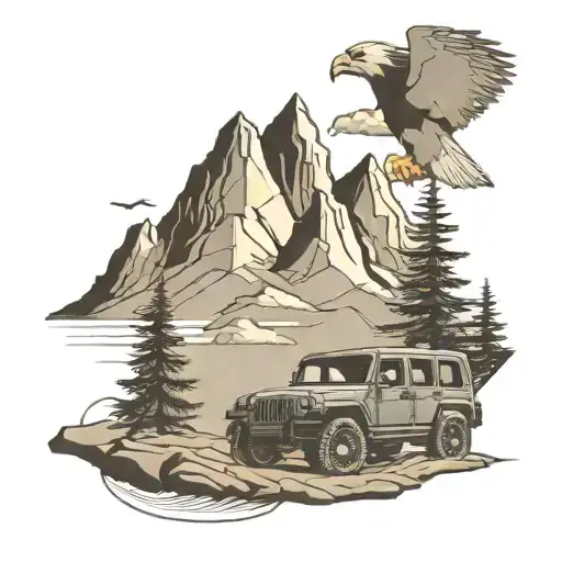 mountain scene with a jeep driving and soaring eagle tattoo design idea