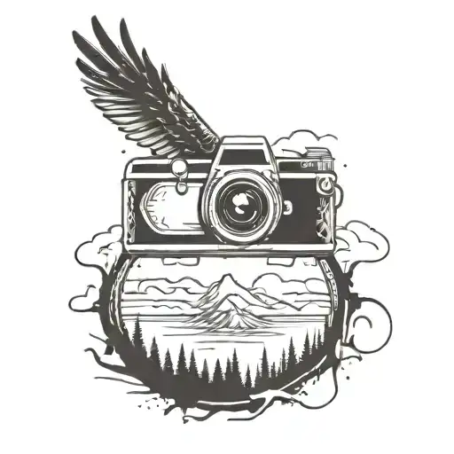 simple camera with soaring eagle flying over the horizon tattoo design idea