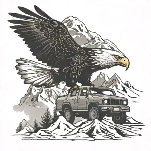 mountain scene eagle flying and jeep driving in the foreground tattoo design idea