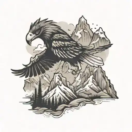 mountain adventure theme with small eagle soaring tattoo design idea