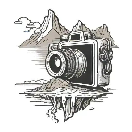 camera surrounded by a mountain lake tattoo design idea