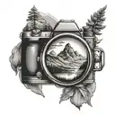 camera lens with mountain scene inside tattoo design idea