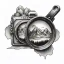 camera lens with mountain scene inside tattoo design idea