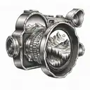 camera lens with mountain scene inside tattoo design idea