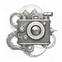 steampunk camera with mountains panorama and a soaring eagle tattoo design idea