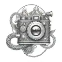 steampunk camera with mountains panorama and a soaring eagle tattoo design idea