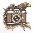 vintage camera transforming into an eagle intertwined tattoo design idea