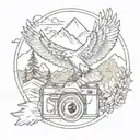 camera surrounded by mountain landscape featuring a soaring eagle tattoo design idea