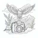 camera surrounded by mountain landscape featuring a soaring eagle tattoo design idea