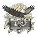vintage camera with mountains and a soaring bald eagle tattoo design idea