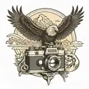 vintage camera with mountains and a soaring bald eagle tattoo design idea