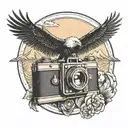 vintage camera with mountains and a soaring bald eagle tattoo design idea