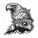 simple camera surrounded by mountain landscape featuring a soaring eagle tattoo design idea
