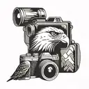 simple camera surrounded by mountain landscape featuring a soaring eagle tattoo design idea