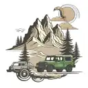 mountain scene with a jeep driving and soaring eagle tattoo design idea
