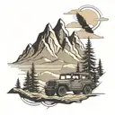 mountain scene with a jeep driving and soaring eagle tattoo design idea