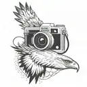 simple camera with soaring eagle flying over the horizon tattoo design idea