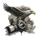 simple camera surrounded by mountain landscape featuring a soaring eagle tattoo design idea