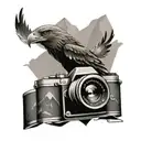 simple camera surrounded by mountain landscape featuring a soaring eagle tattoo design idea