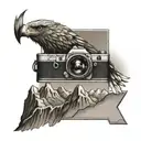 simple camera surrounded by mountain landscape featuring a soaring eagle tattoo design idea