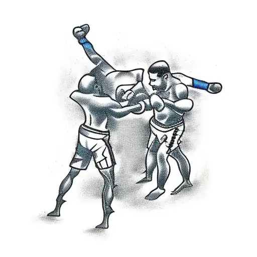 An intense MMA cage fight scene with two fighters engaged in a grappling exchange tattoo design idea