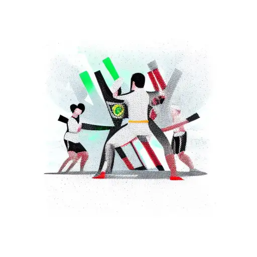 A fierce MMA fighter in the middle of a match, surrounded by a crowd in an MMA arena tattoo design idea