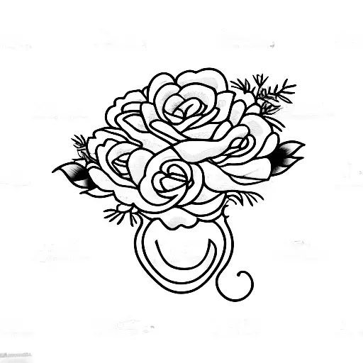 bunch of two roses, a lily, a gerbera and  ivy. tattoo design idea