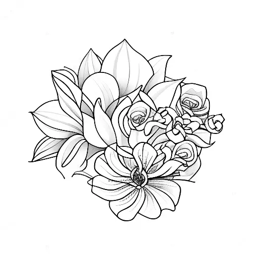 Fine line tattoo with no colour of two roses, one lily, one gerbera and some ivy. tattoo design idea