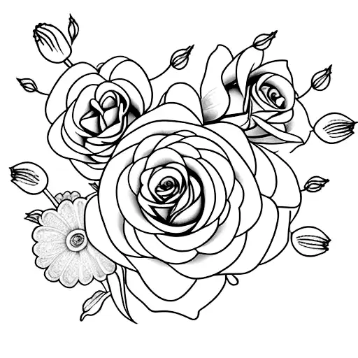 two roses, one lily, one gerbera and some ivy. tattoo design idea