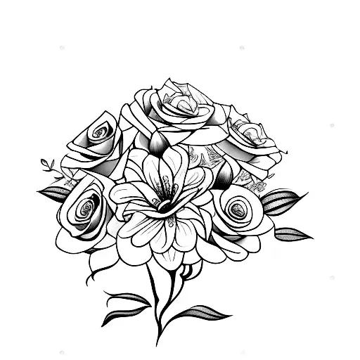 bouquet of two roses, a lily, a gerbera and  ivy. tattoo design idea