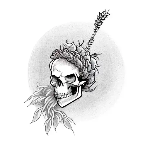 happy cartoon skull with wheatsheaf around it. include the words "No grain, no pain" tattoo design idea