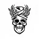 friendly happy cartoon skull with wheatsheaf around it. include the words "No grain, no pain" tattoo design idea