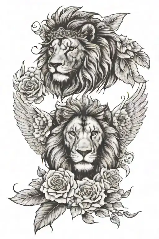 lion face with angel face with 888 number with wings spread wide and flowers  tattoo design idea