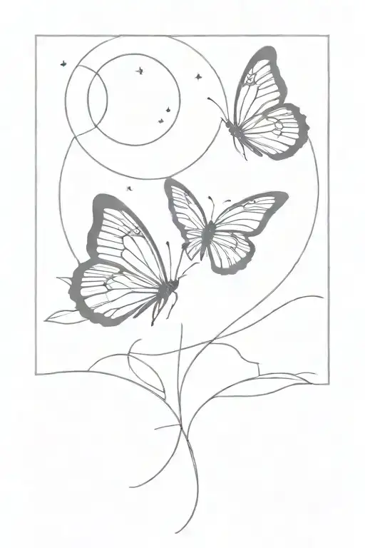 a half moon, Below the moon, draw two butterflies, one on each side, they are facing each other in opposite directions tattoo design idea